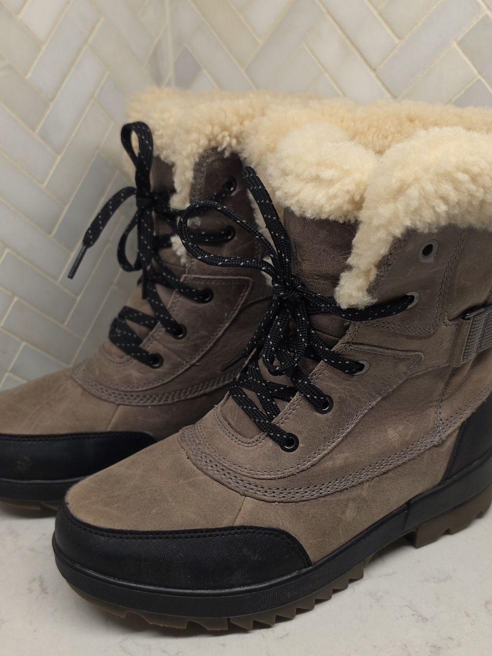 Sorel Taupe Lace-Up Faux-Shearling Winter Boots with Black Accents